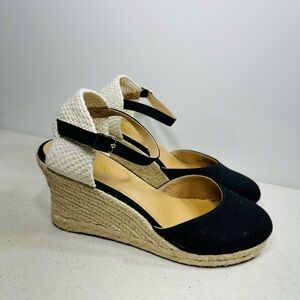 J. Crew Black and White Wedge Sandal Shoes NWOT. Strap around ankle.